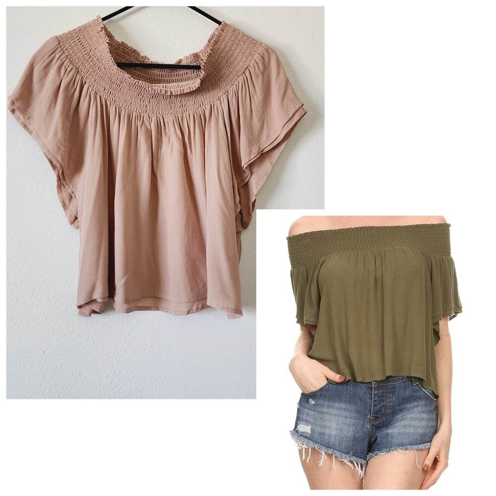 On Twelfth OnTwelfth Off-the-Shoulder Smocked Cropped Tank Top Large